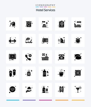 Creative Hotel Services 25 Glyph Solid Black icon pack  Such As sleep. room. lamp. bed. ticket vector