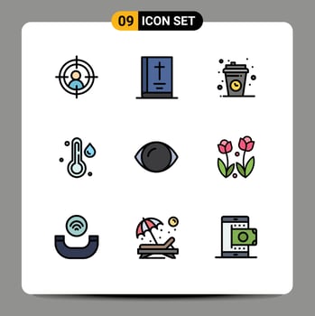 Set of 9 Commercial Filledline Flat Colors pack for human eye coffee weather rain Editable Vector Design Elements