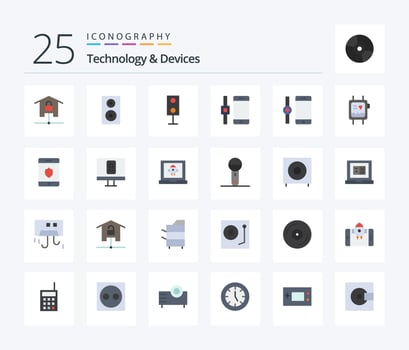 Devices 25 Flat Color icon pack including security. monitor. speaker. health. smartphone vector