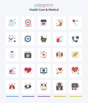 Creative Health Care And Medical 25 Flat icon pack  Such As pills. stomach. guard. gastroenterology. shield vector