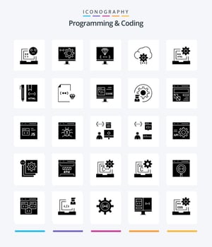 Creative Programming And Coding 25 Glyph Solid Black icon pack  Such As develop. code. development. process. develop vector