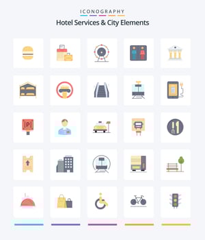 Creative Hotel Services And City Elements 25 Flat icon pack  Such As building. hotel. browser. machine. down vector