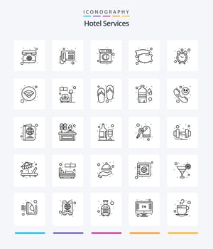 Creative Hotel Services 25 OutLine icon pack  Such As time. alarm. laundry. sleep. night vector
