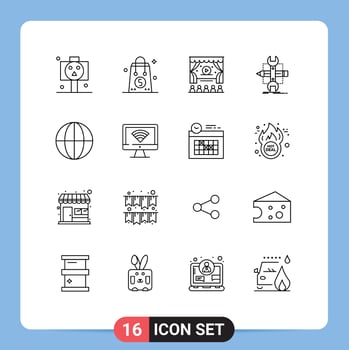 Outline Pack of 16 Universal Symbols of earth sketch valentine develop build Editable Vector Design Elements