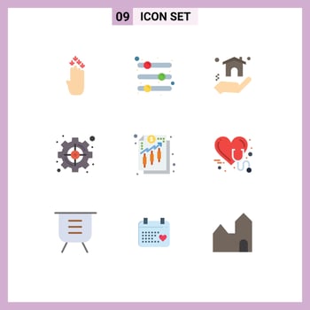 Mobile Interface Flat Color Set of 9 Pictograms of analysis strategic slider set goal Editable Vector Design Elements