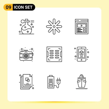 Outline Pack of 9 Universal Symbols of construction lens custom content photography camera Editable Vector Design Elements