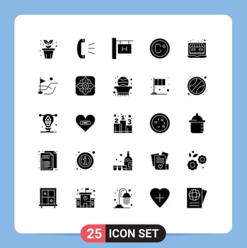 Modern Set of 25 Solid Glyphs Pictograph of online store shop hotel sign laptop degree Editable Vector Design Elements