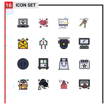 16 Universal Flat Color Filled Lines Set for Web and Mobile Applications chat keys computer room hotel Editable Creative Vector Design Elements