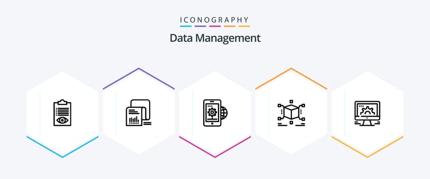 Data Management 25 Line icon pack including setting. global business . data . gear . vector
