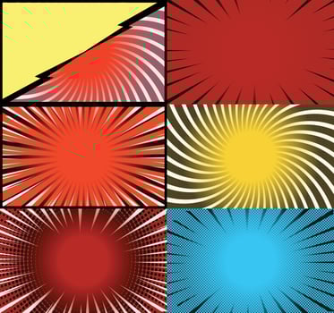 Comic book colorful frames background with halftone rays radial and dotted effects pop art style vector