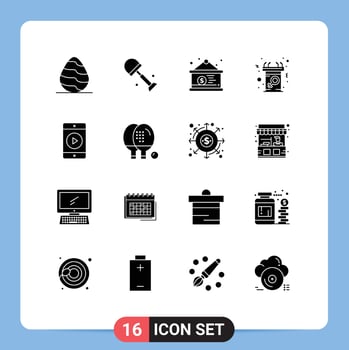 Set of 16 Commercial Solid Glyphs pack for mobile message board female announcement Editable Vector Design Elements