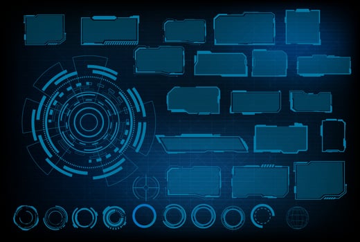 digital interface HUD elements set pack. User Interface, frame screens. Callouts titles, FUI circle set, Loading bars. Dashboard reality technology screen. Vector