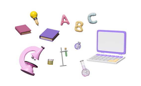 3d laptop computer monitor with microscope, beaker, test tube, character ABC clay toy icon float isolated. room online innovative education, 3d render illustration png