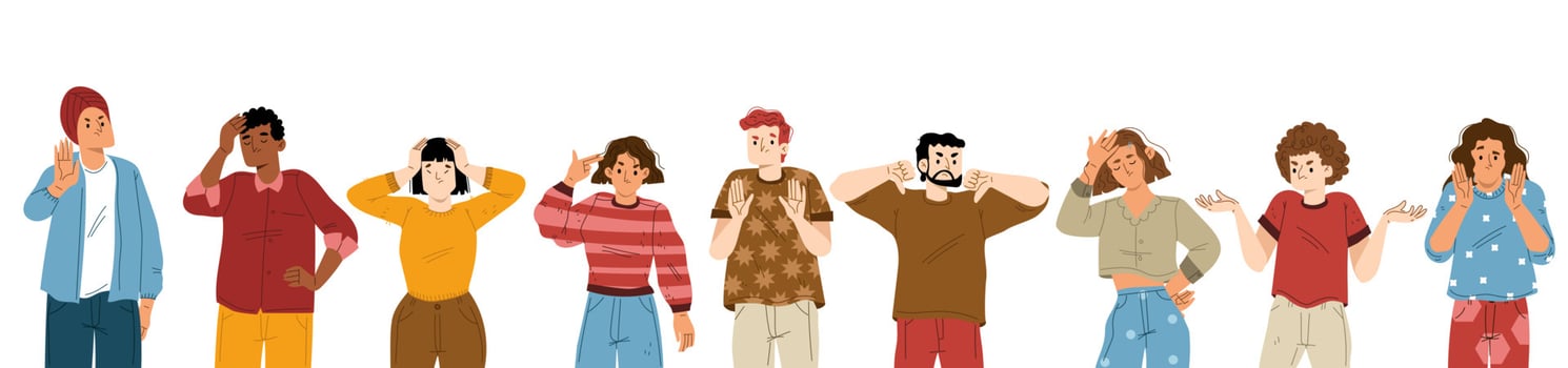 Set of unhappy people showing negative emotions vector