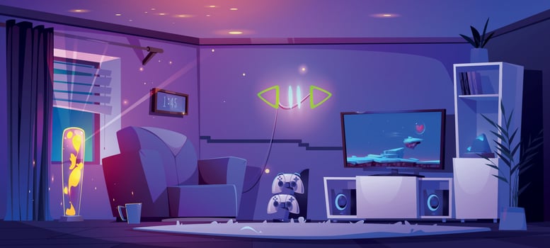 Living room interior at night with gamer stuff vector