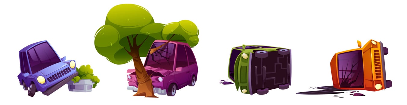 Car crash, broken vehicles after road accidents vector