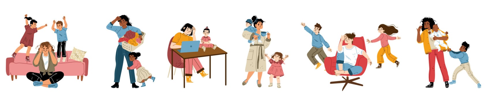 Tired mom burnout, fatigue mothers and children vector