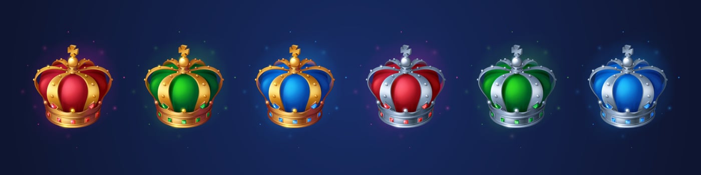 Set of golden crowns for king or queen game assets vector