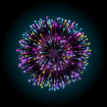 Glowing multicolored firework on dark background. Night bright advertisement. Abstract NEON splashes of a radial circular pattern. Vector illustration in neon style for festivals and parties