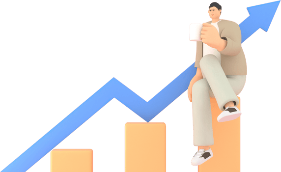 A man character siting  with The graph shows the stock up.  3d rendering of business models. png
