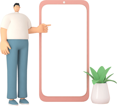 A male character presentation   on the mobile white screen. 3d rendering of business models. Includes paths at the screen surface. png