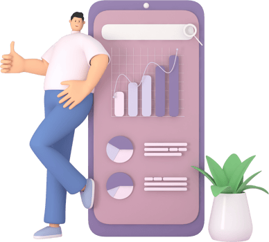 A male character leaning on phone. The infographic presentation on mobile screen. 3d rendering of business models png