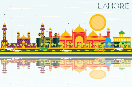 Lahore Skyline with Color Landmarks, Blue Sky and Reflections. vector