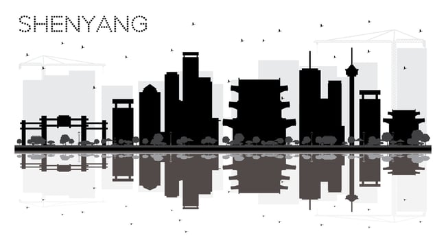 Shenyang China City skyline black and white silhouette with Reflections. vector