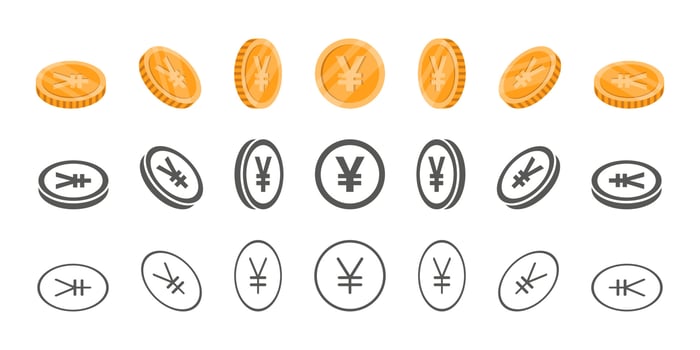 Yen or Yuan coins. Rotation of icons at different angles for animation. Coins in isometric. Vector illustration