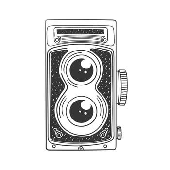 Retro SLR camera. Retro hand-drawn camera. Illustration in sketch style. Vector image