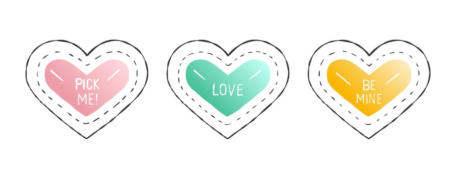 Hearts icons set. Cute hearts with different inscriptions. Hand-drawn hearts. Vector illustration