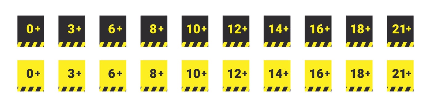 Age restriction signs. Age warning signs. Recommended age limit icons. Vector icons
