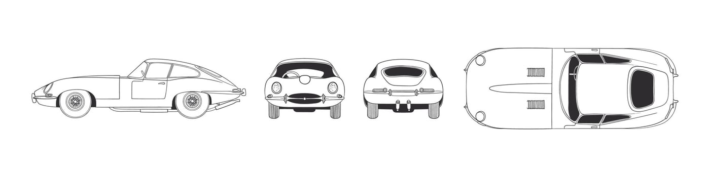 Sport car. Hand drawn car front back top and side view. Vector illustration