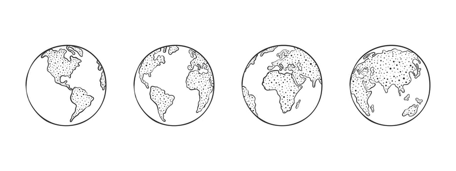 Set of globes of Earth. World map in globe shape Hand-drawn. Vector icons