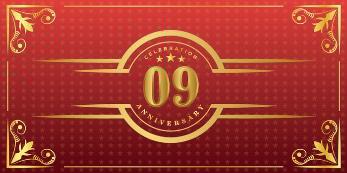 09th anniversary logo with golden ring, confetti and gold border isolated on elegant red background, sparkle, vector design for greeting card and invitation card