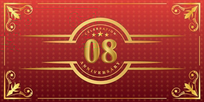 08th anniversary logo with golden ring, confetti and gold border isolated on elegant red background, sparkle, vector design for greeting card and invitation card