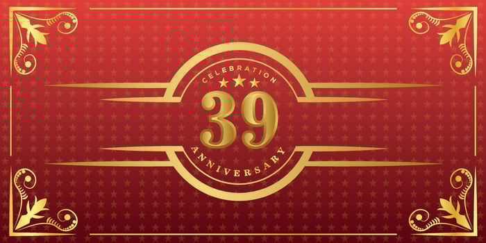 39th anniversary logo with golden ring, confetti and gold border isolated on elegant red background, sparkle, vector design for greeting card and invitation card