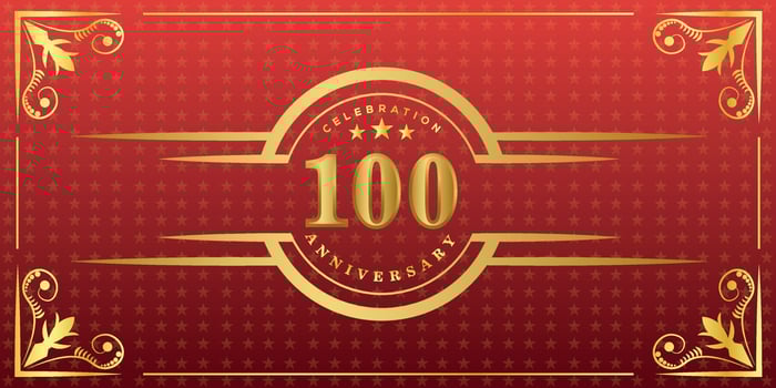 100th anniversary logo with golden ring, confetti and gold border isolated on elegant red background, sparkle, vector design for greeting card and invitation card