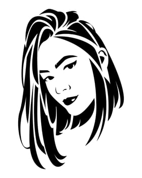 black and white illustration of a beautiful woman's face with abstract long hair. isolated white background. vector flat illustration.