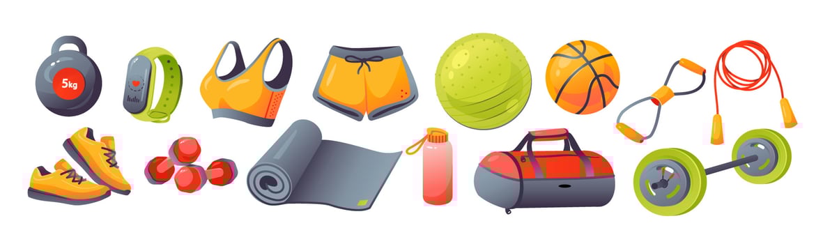Fitness inventory, gym accessories. Sport equipment, dumbbells, fitness tracker, sports bag, sportswear, mat. Healthy lifestyle concept. vector