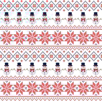 Knitted Christmas and New Year pattern in snowmen. Wool Knitting Sweater Design. Wallpaper wrapping paper textile print. Eps 10 vector
