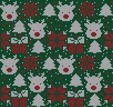Knitted Christmas and New Year pattern. Wool Knitting Sweater Design. Wallpaper wrapping paper textile print. Eps 10 vector
