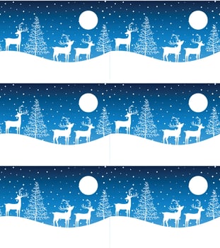 Seamless Merry Christmas pattern with deers, winter abstraction. Forest background. Endless horizontal banner with Reindeers in snow. Hand drawn paper decorative elements, vector illustration.