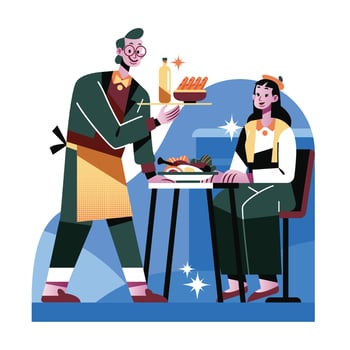 A Waiter Serves A Food To A Customer vector