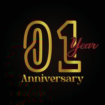 01st anniversary celebration logotype with handwriting golden and red colour elegant design . vector anniversary for celebration, invitation card, and greeting card.