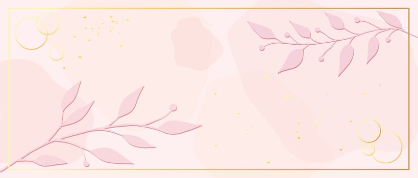 Elegant tender pink wallpaper with hand drawn branches and interspersed gold in a frame. Textured background. Suitable for save the date cards, invitations and wedding. Vector art