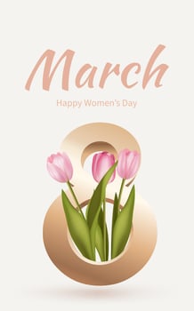 Greeting card for Women's Day 8 March. Spring flower realistic pink tulip vector illustration. Flowers template, luxury golden floral background, international women day flyer, modern banner design.