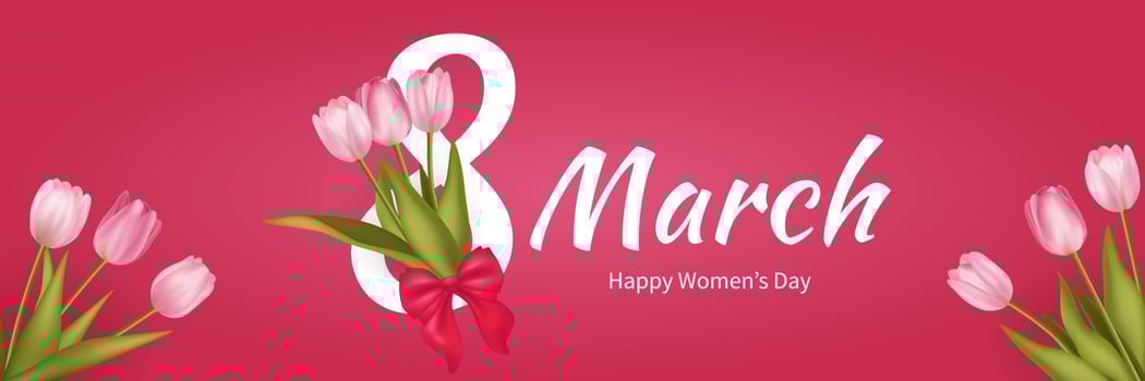 8 March greeting banner with pink realistic tulip flower bouquet background. Poster, flyer, greeting card, website header vector Illustration. Template for advertising, web, social media red pink.