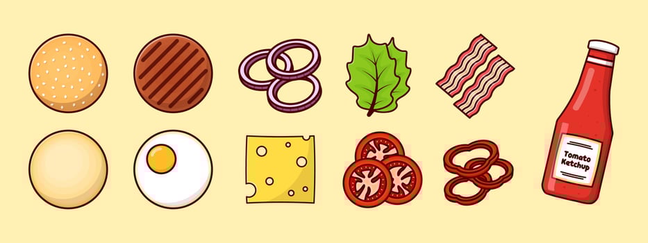Burger ingredients recipe vector set