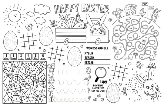 Vector Easter placemat for kids. Spring holiday printable activity mat with maze, tic tac toe charts, connect the dots, find difference. Black and white play mat or coloring page